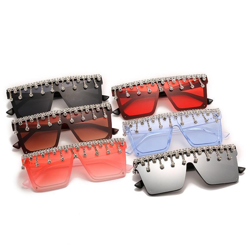 Stevvex Oversized Crystal Rhinestone Flat Top Sunglasses – UV400