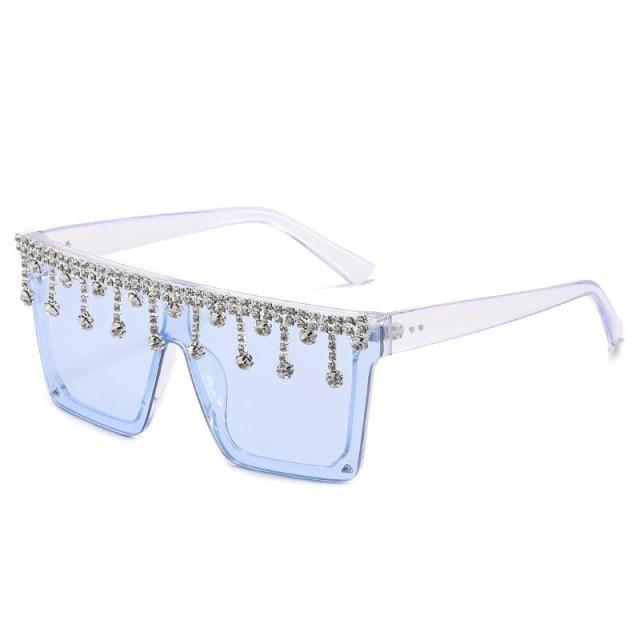 Stevvex Oversized Crystal Rhinestone Flat Top Sunglasses – UV400