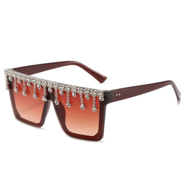 Stevvex Oversized Crystal Rhinestone Flat Top Sunglasses – UV400