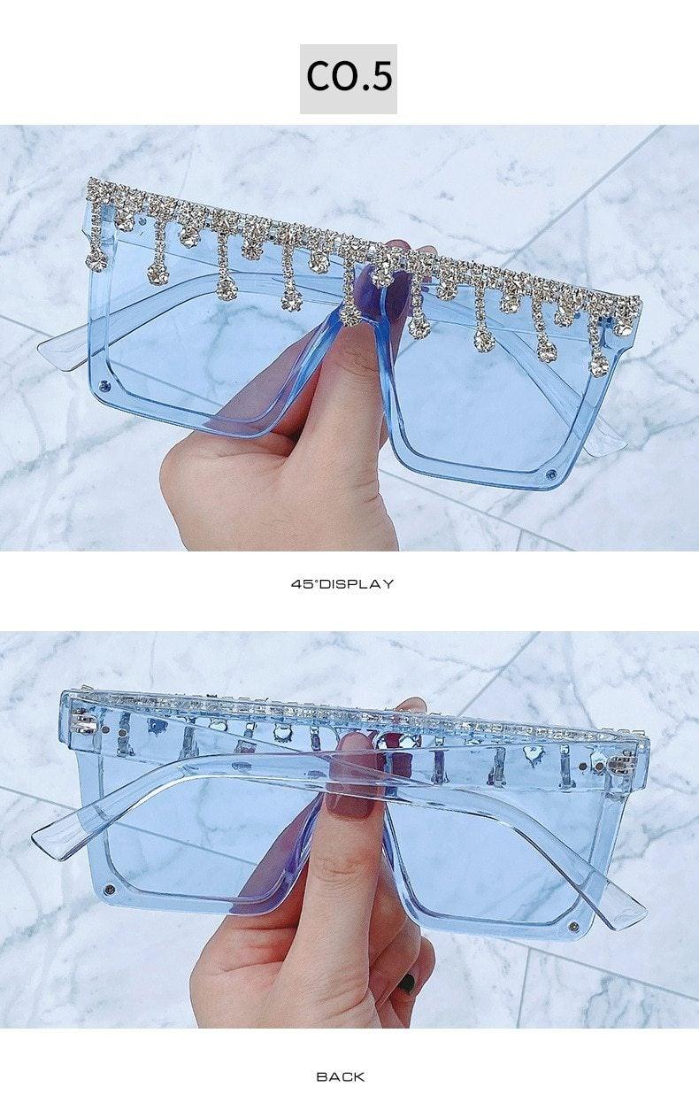 Stevvex Oversized Crystal Rhinestone Flat Top Sunglasses – UV400