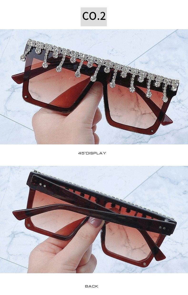 Stevvex Oversized Crystal Rhinestone Flat Top Sunglasses – UV400