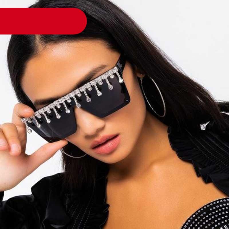 Stevvex Oversized Crystal Rhinestone Flat Top Sunglasses – UV400
