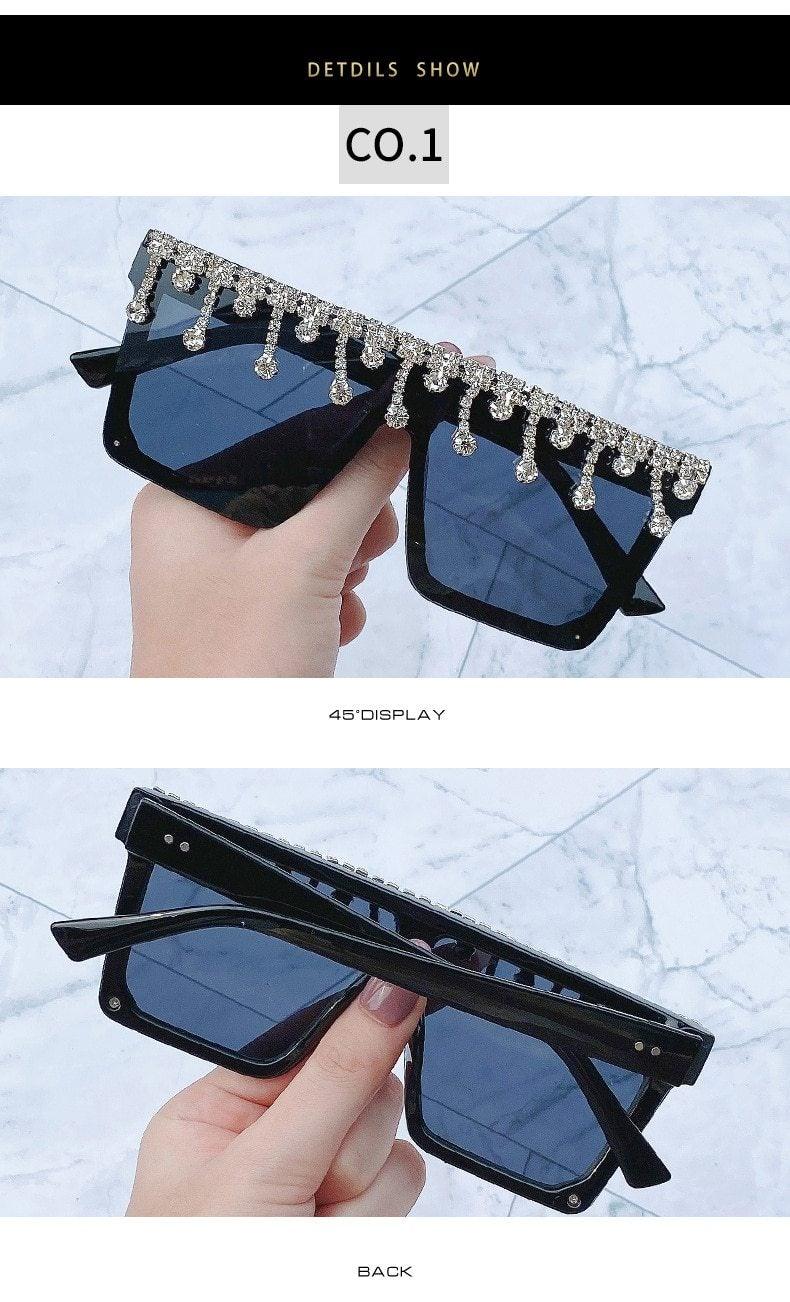 Stevvex Oversized Crystal Rhinestone Flat Top Sunglasses – UV400