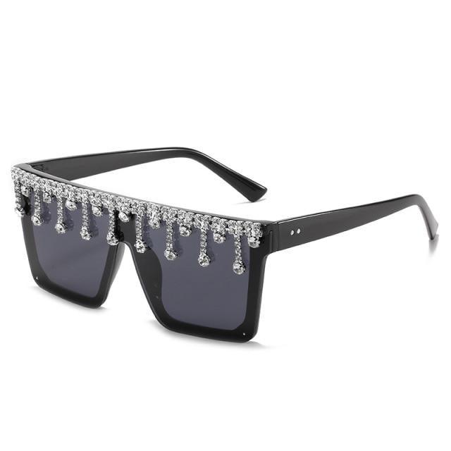 Stevvex Oversized Crystal Rhinestone Flat Top Sunglasses – UV400