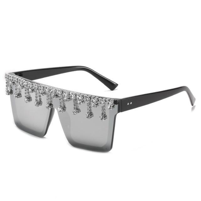 Stevvex Oversized Crystal Rhinestone Flat Top Sunglasses – UV400