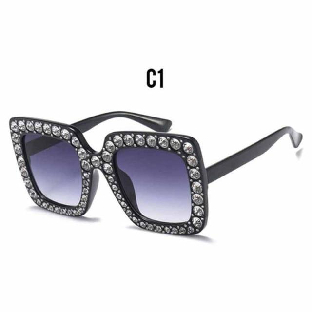 Stevvex Oversized Crystal Rhinestone Square Sunglasses – UV400