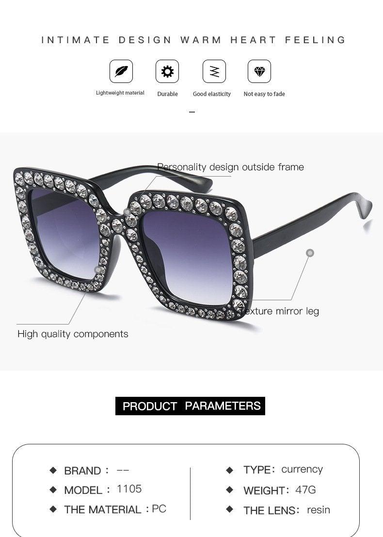 Stevvex Oversized Crystal Rhinestone Square Sunglasses – UV400