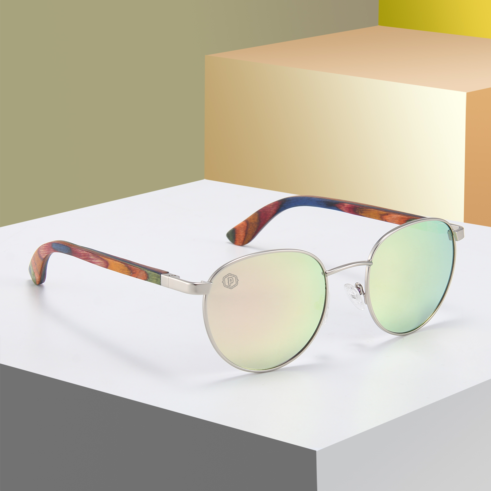 White handmade wooden sunglasses by Papago featuring a peacock design, displayed on a shelf.