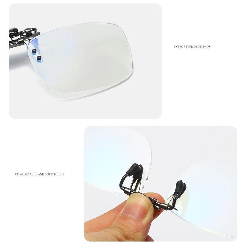 Portable clip-on blue light blocking reading glasses by Stevvex with magnifier lenses for women and men, lightweight and flexible.