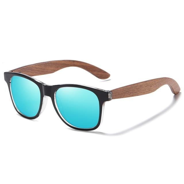 Stevvex polarized mirror sunglasses with wood frame, reflecting sunlight, stylish and protective eyewear for outdoor wear.