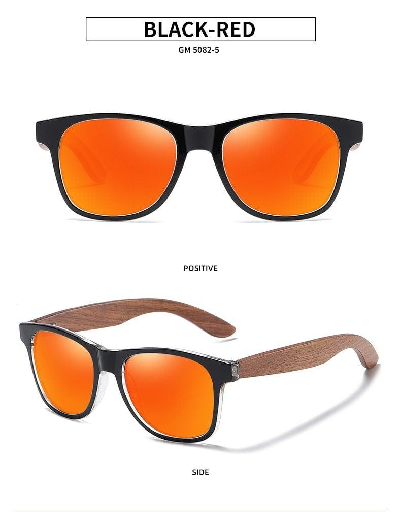 Stevvex polarized mirror sunglasses with wood frame, showcasing stylish, reflective lenses and natural wood finish.