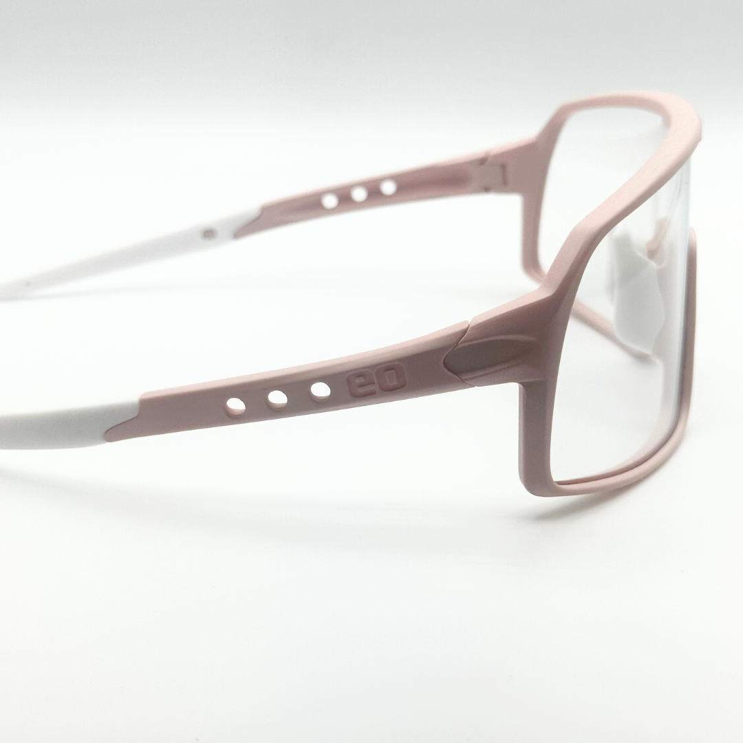 Eastern Outer Mojave sunglasses with photochromic lenses, rose-colored frame, shown in profile view