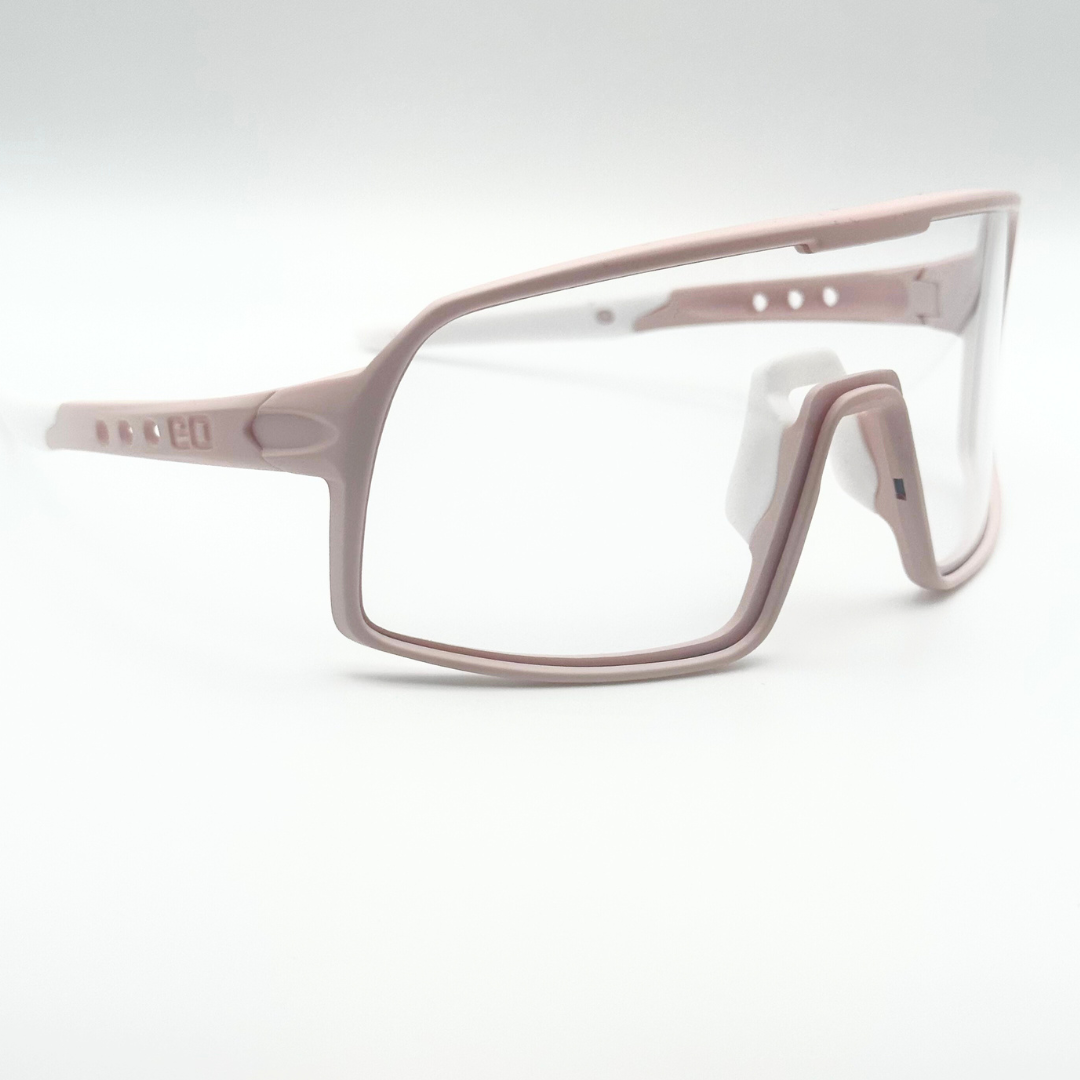 Eastern Outer Mojave sunglasses with photochromic lenses, rose-colored frame, shown from a right angle.