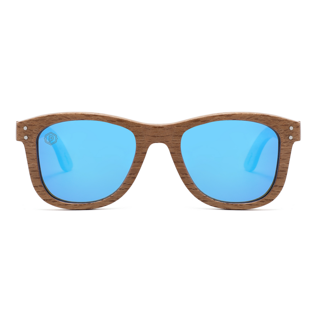 Papago Sapphire Dunes sunglasses with handmade recycled wooden frames, front view showing stylish design and natural wood grain.