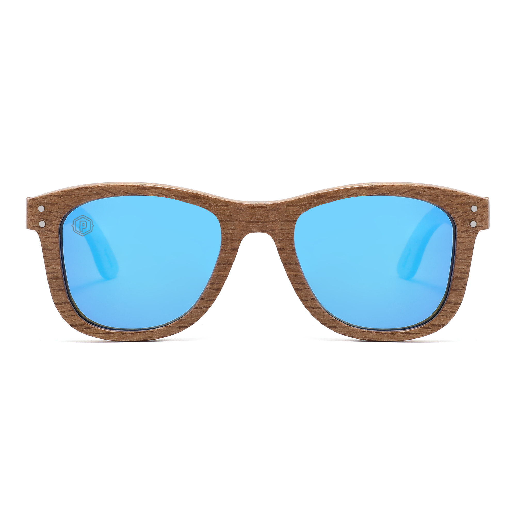 Papago Sapphire Dunes sunglasses with handmade recycled wooden frames, front view showing stylish design and natural wood grain.