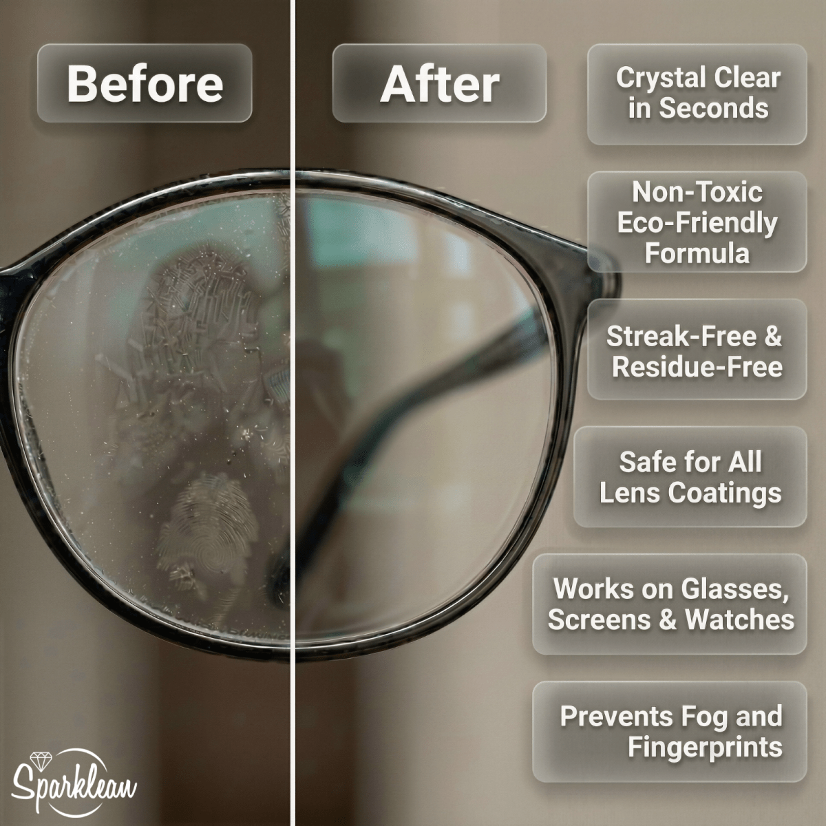 Sparklean Original Eyewear Cleaning Spray bottle, safe for all coatings, with anti-fog properties, designed for cleaning glasses and goggles.