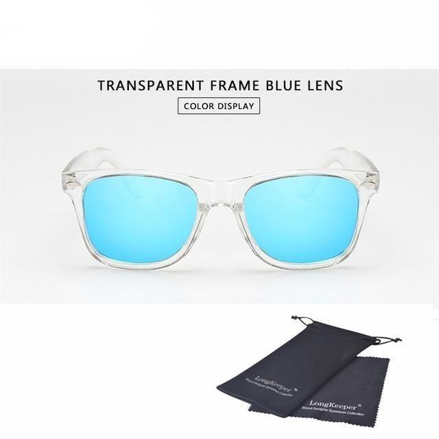 Stylish Stevvex polarized colorful sunglasses with reflective lenses and transparent frame for men and women.