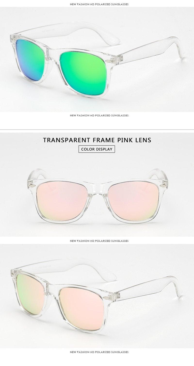 Stevvex polarized colorful sunglasses with transparent frame and reflective lenses, stylish eyewear for men and women.