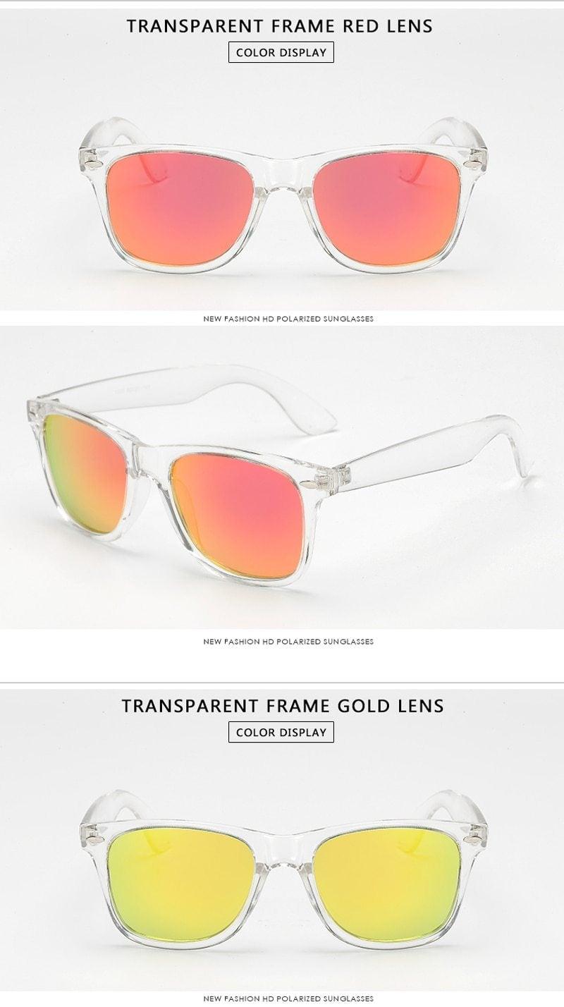 Stylish Stevvex polarized colorful sunglasses with reflective lenses and transparent frame for men and women.