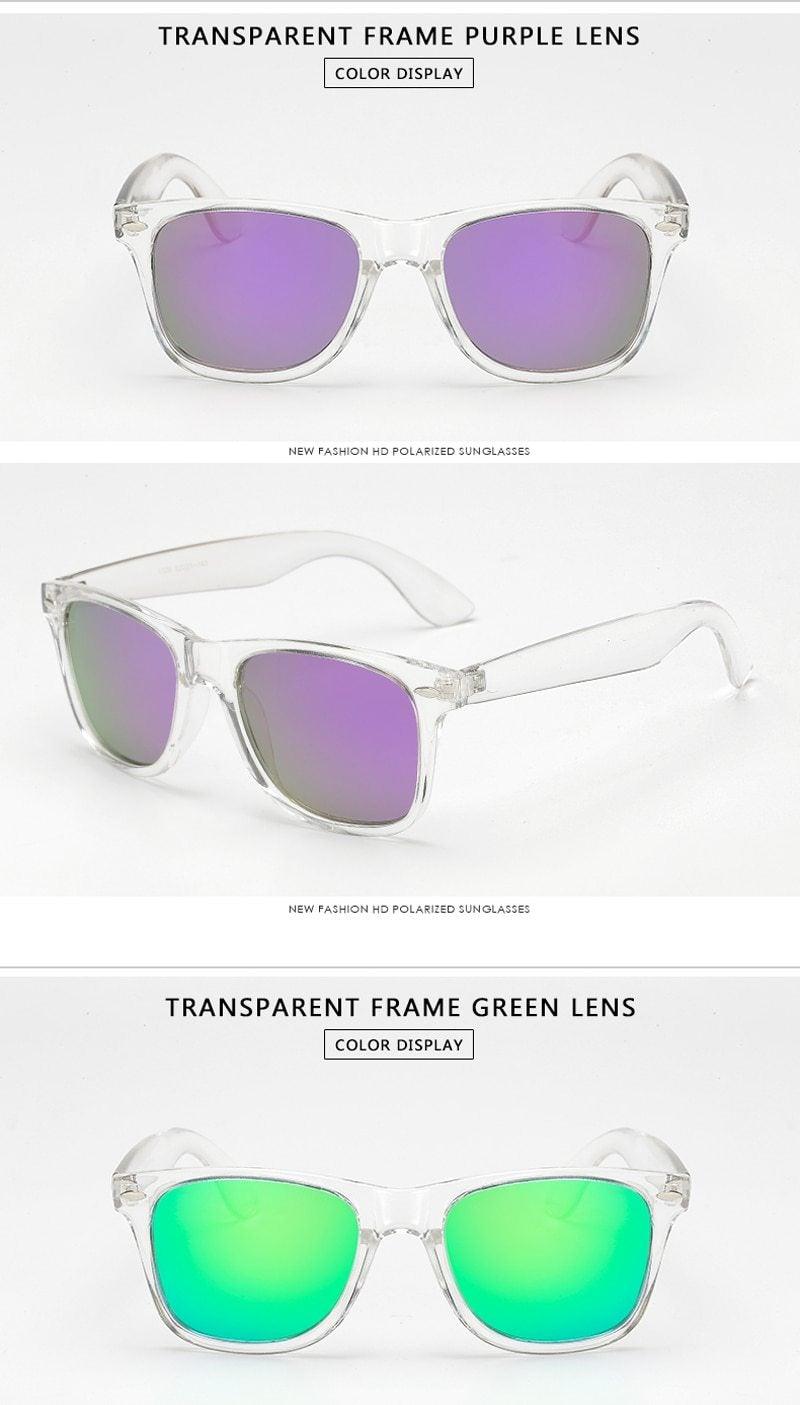 Stylish Stevvex polarized colorful sunglasses with reflective lenses, transparent frame, and suitable for men and women.