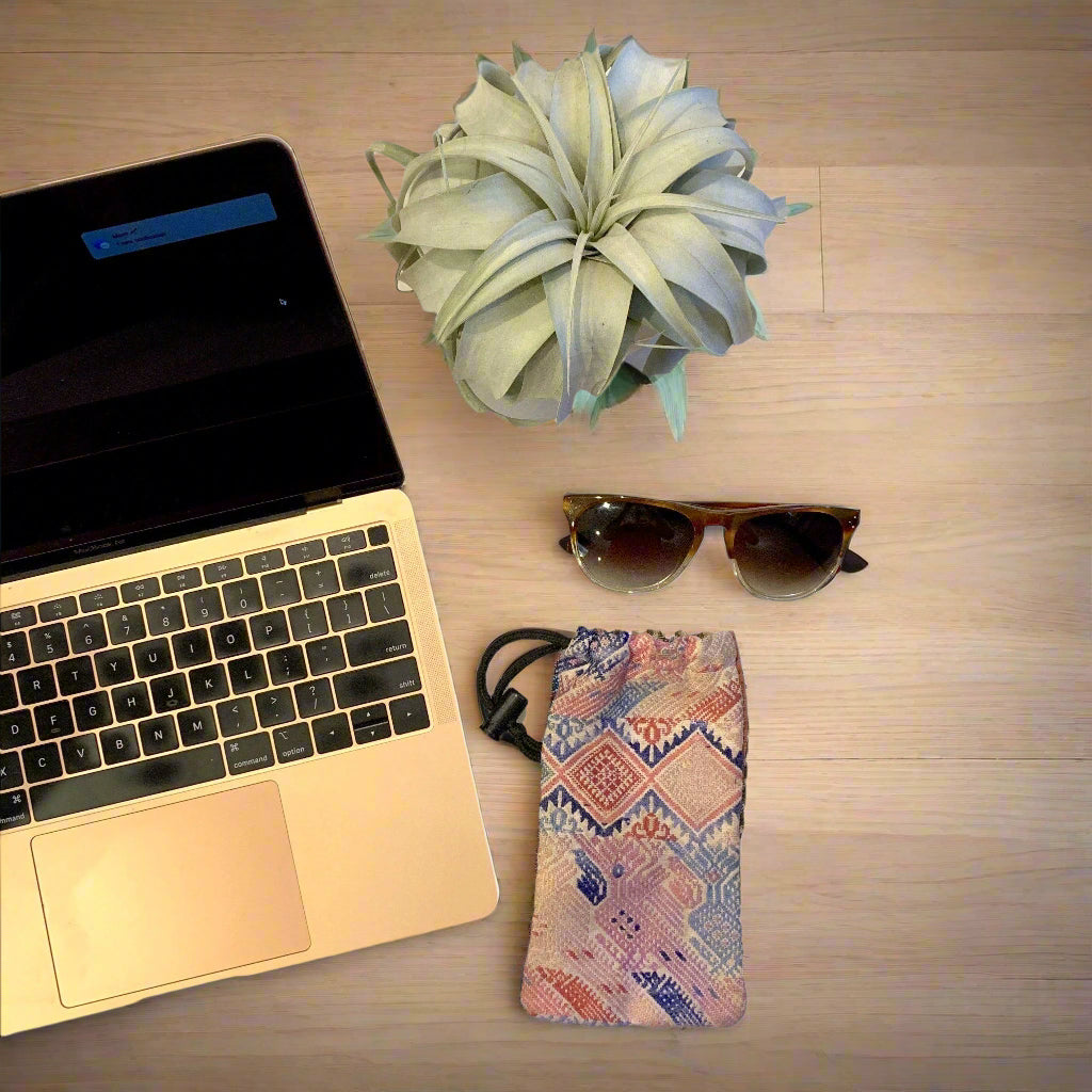 Lumily woven sunglass case made from upcycled Huipil fabric, designed for eyewear accessories with colorful traditional Guatemalan patterns.