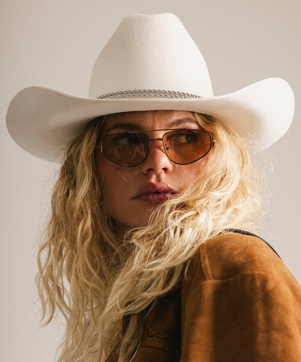 Brown Sienna GIGI PIP Aviator Sunglasses with metal frame and tinted lenses, stylish and classic for sun protection.