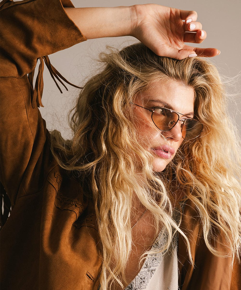 Brown Sienna aviator sunglasses by GIGI PIP with metal frames and tinted lenses, stylish and classic eyewear for sunny days.