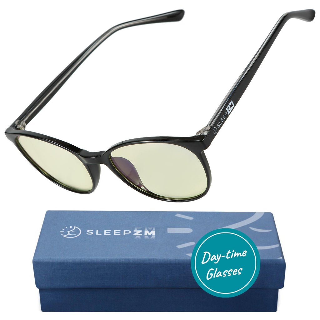 Blue Light Glasses by Sleep ZM for kids in black with yellow accents, designed to block blue light and protect young eyes.