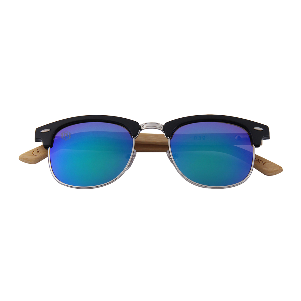 Violet Apaches handmade wooden sunglasses by Papago with violet-colored frames, laying down on a white surface.