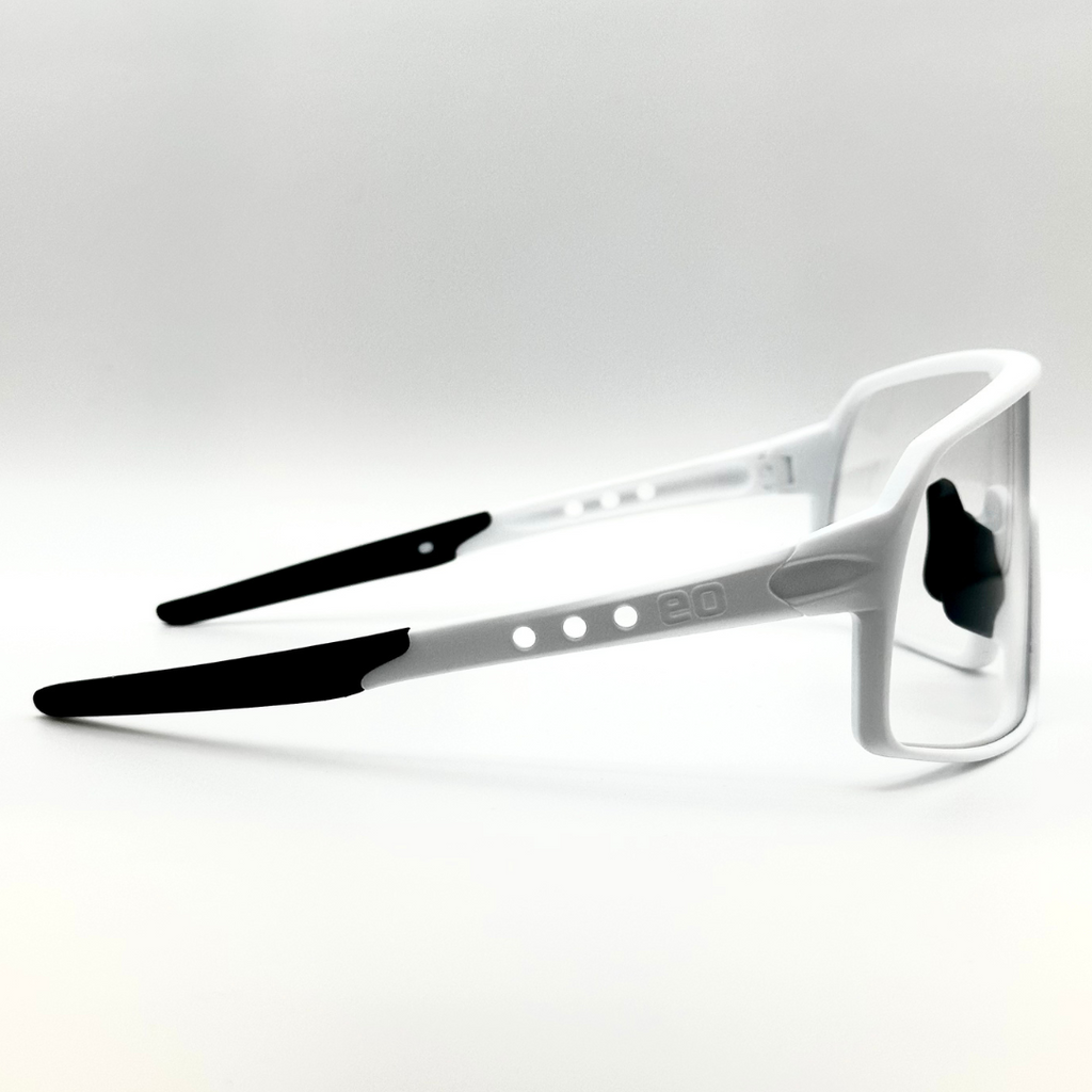 Eastern Outer Mojave sunglasses with photochromic lenses, white frame, shown from right profile view