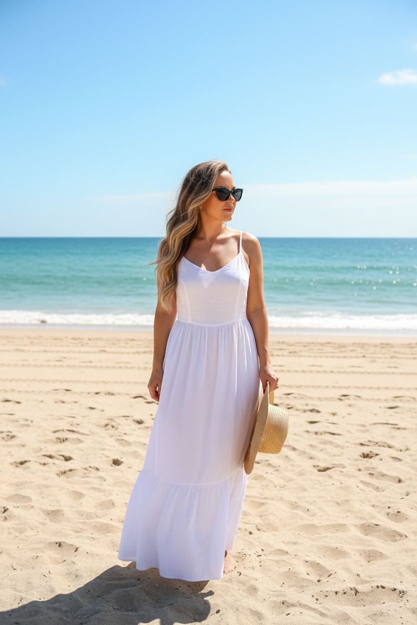 Woman wearing black cat-eye sunglasses at beach