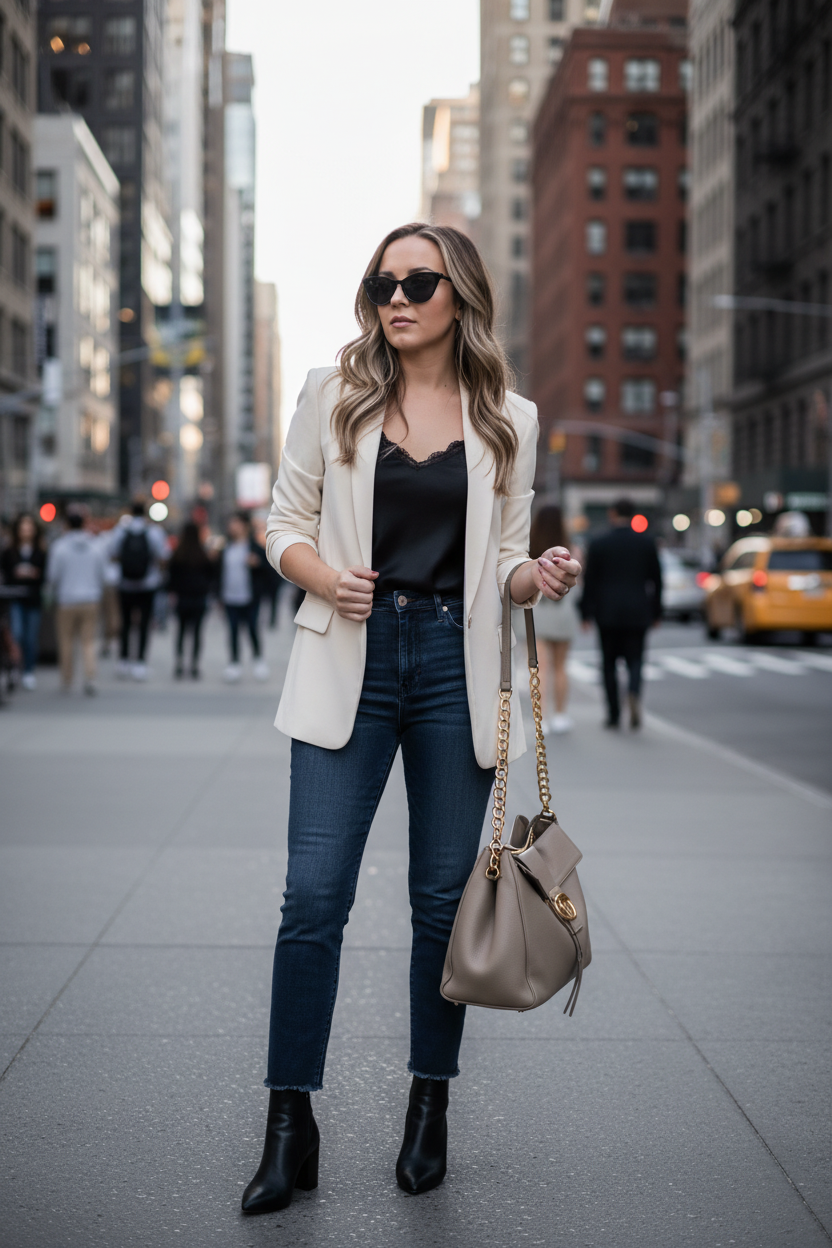 Woman wearing black cat-eye sunglasses on city street