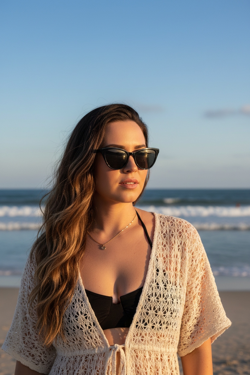 Woman wearing black cat-eye sunglasses relaxing at beach