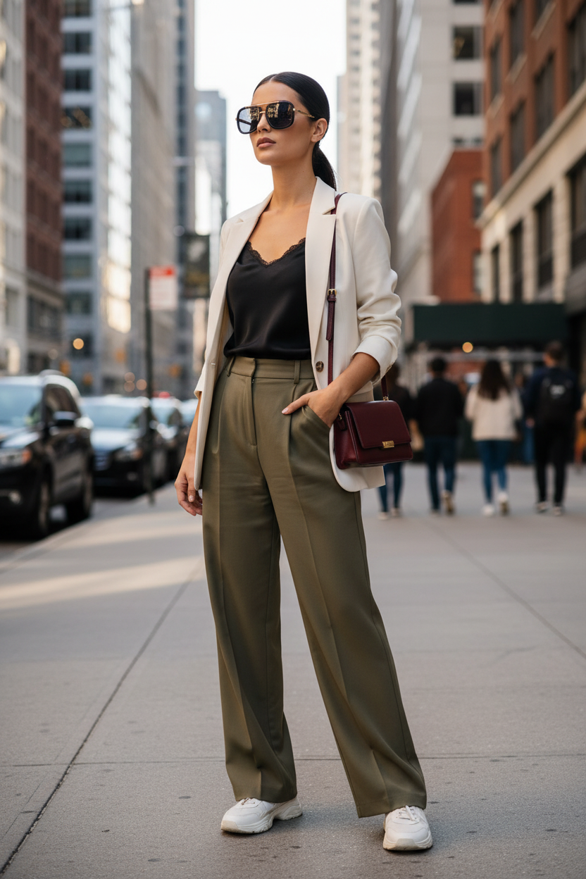 Woman wearing black gold square sunglasses on city street