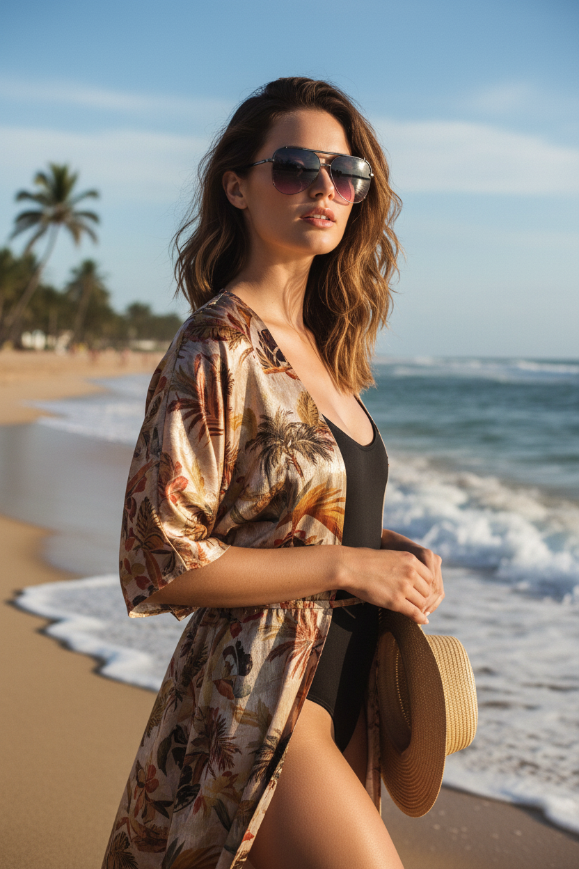 Woman wearing blue pink gradient aviator sunglasses at beach