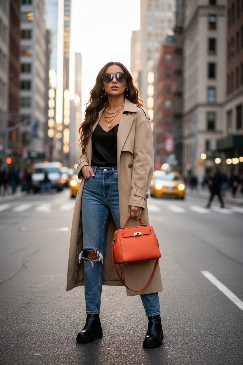 Woman wearing blue pink gradient aviator sunglasses in city
