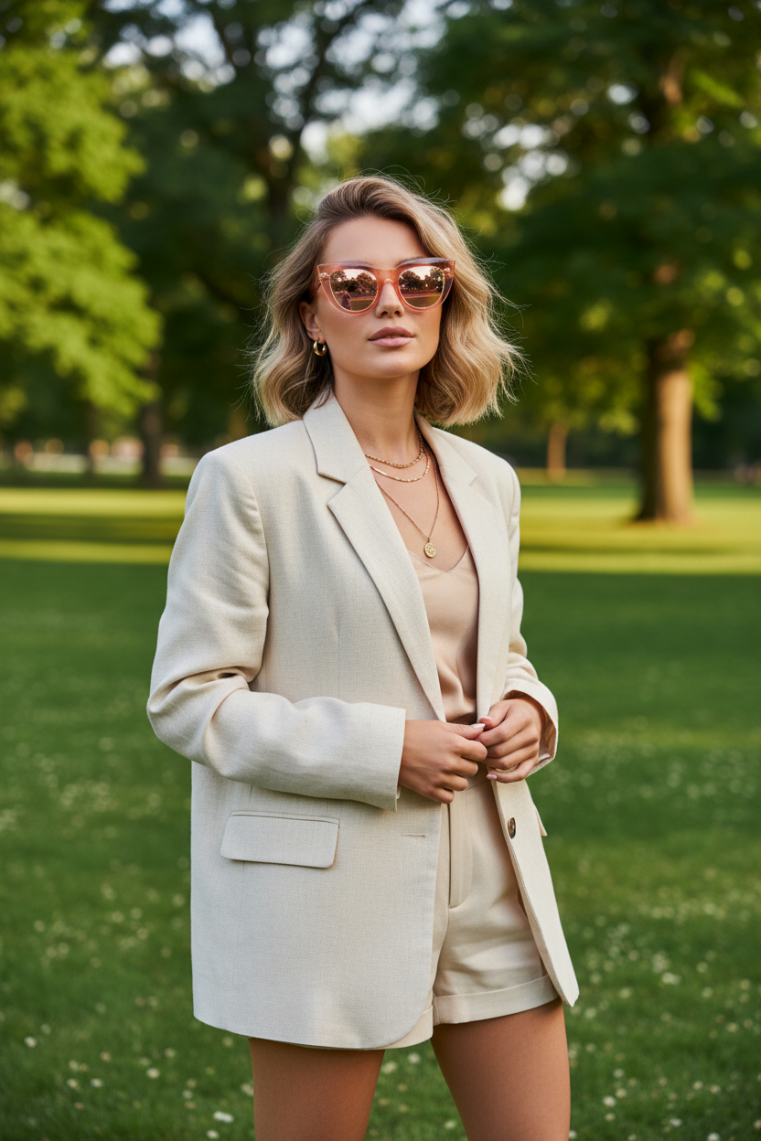 Woman wearing peach pink cat-eye sunglasses at park