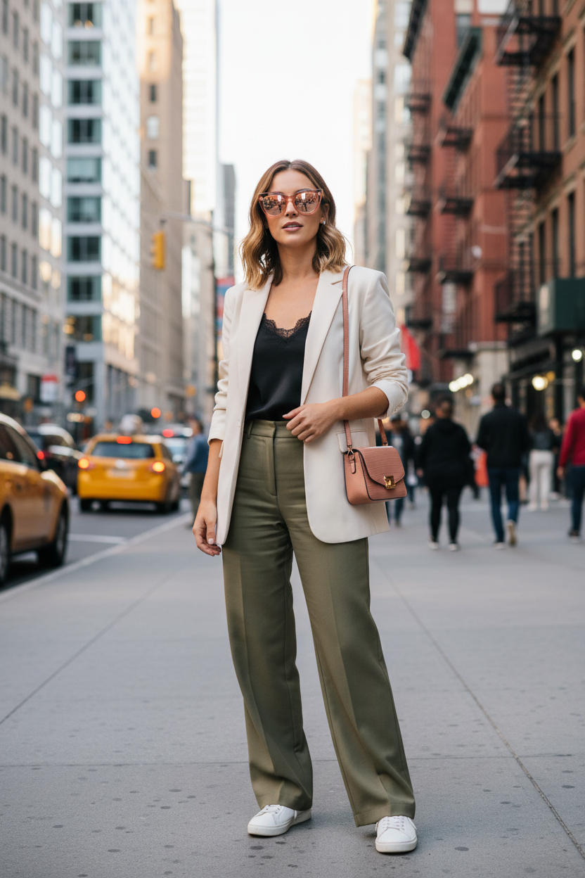 Woman wearing peach pink cat-eye sunglasses in city