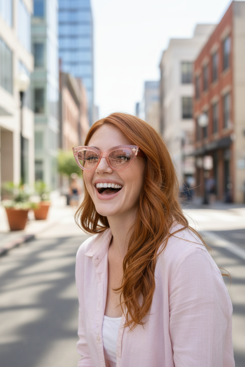 Woman wearing pink cat-eye sunglasses in city
