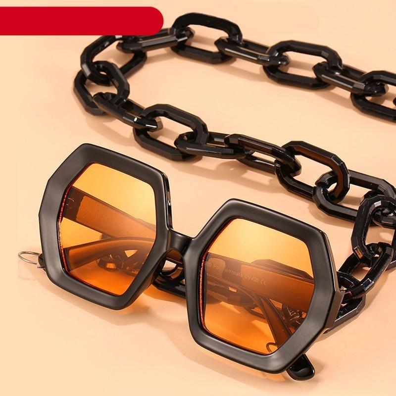 Stevvex Oversized Square Sunglasses – UV400 with Eyeglass Chain