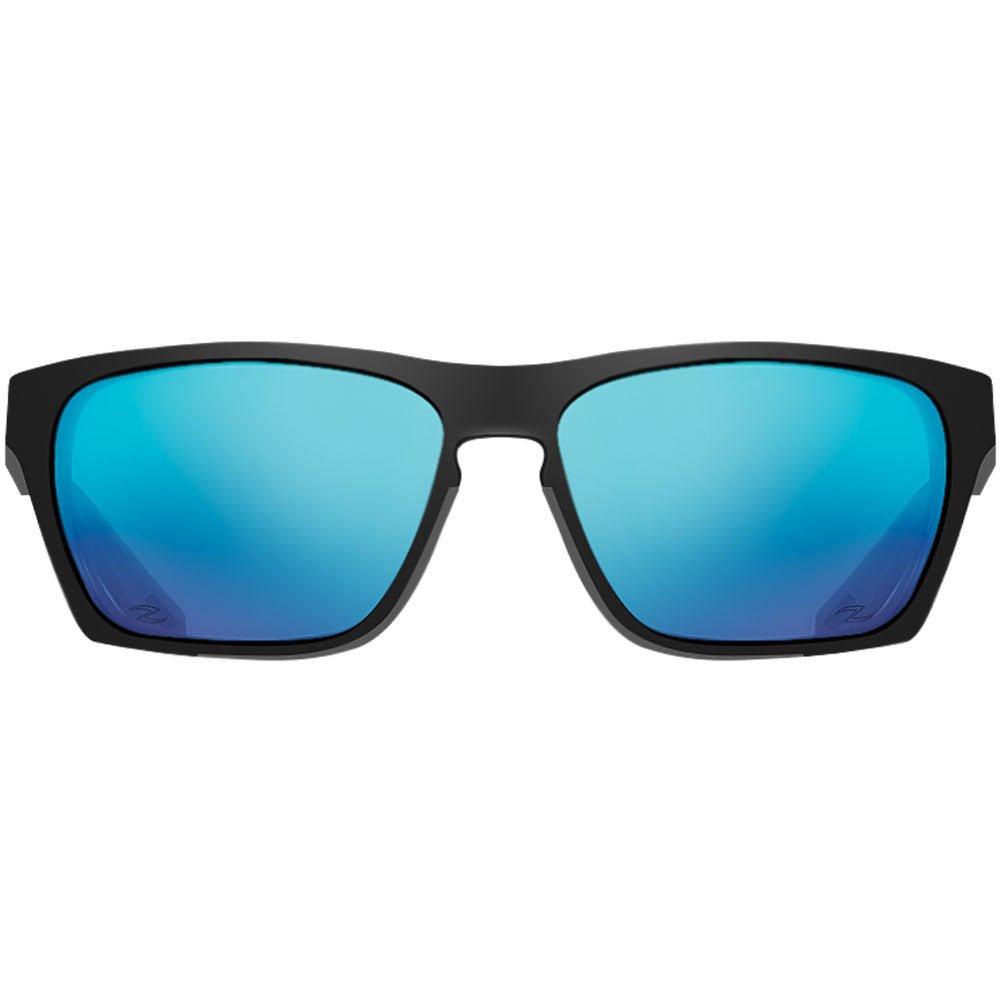 Sunglasses with black frame and blue lenses on a white background